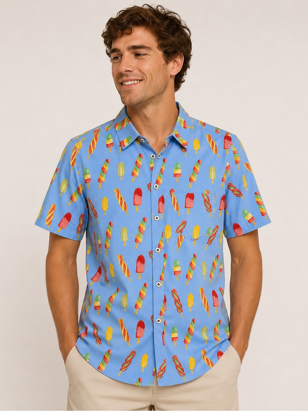 COVE Popsicle Print Blue Short Sleeve Button Down Shirt NWT